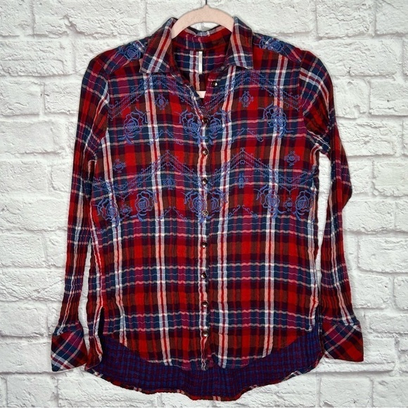 Free People Magical Plaid Embroideree Buttondown Top - Picture 8 of 16